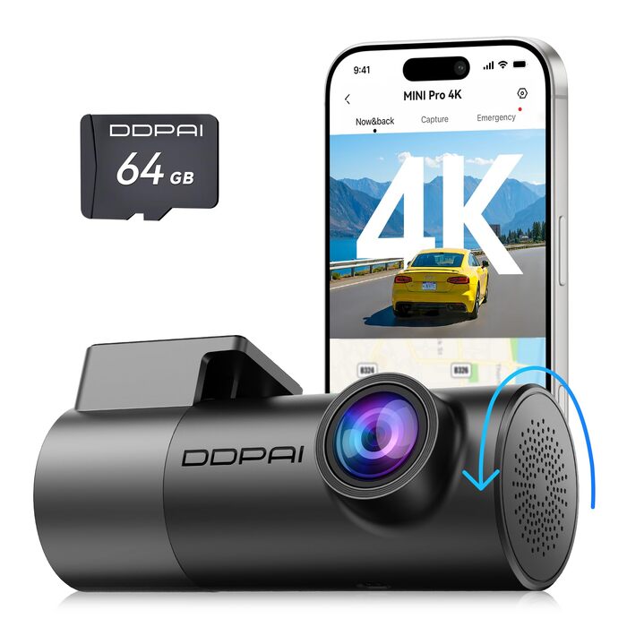 Автомобільний відеореєстратор DDPAI MINI Pro 4K 2160P з SD-картою 64ГБ, поворотна камера 360°, нічна зйомка, 24гд моніторинг паркування, WiFi 6, G-сенсор
