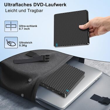 Зовнішній DVD-привід USB-C CD/DVD гравер та плеєр для MacBook, ноутбуків та ПК (Windows 11) з 2 USB-портами та SD/TF слотом, чорний