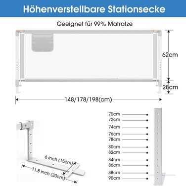 YIKANWEN Retractable Baby Bed Rail Guard - 200cm, Solid Wood Compatible, for Kids 0-10 Years