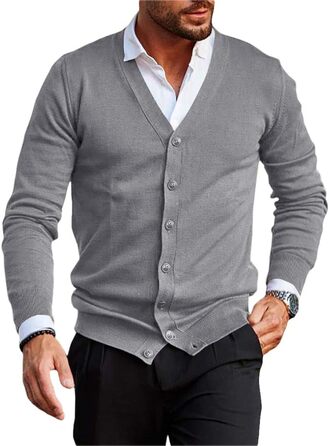 Чоловічий в'язаний кардиган Runcati без коміра V-подібний виріз, легка перехідна куртка сірого кольору, розмір M
