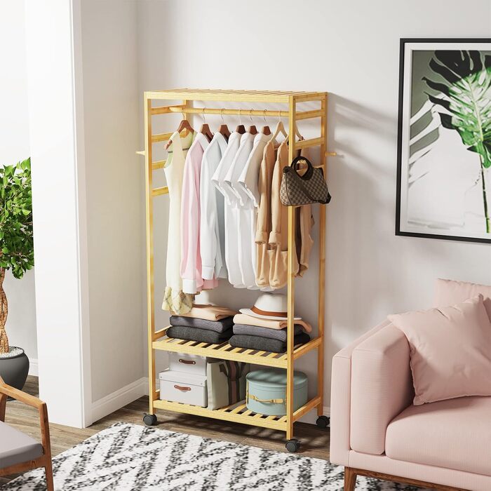 Bamboo Coat Rack, Clothes Rack with 3 Shelves and 10 Hooks, Laundry Rack with Clothes Rod, for Entryway, Living Room and Office, 80x43.5x165cm (Natural3)