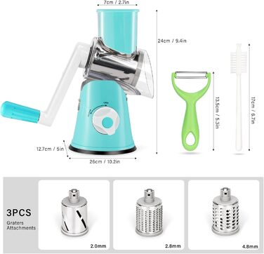 Ручна овочева тертка з ручкою та 3 насадками - Turbo Cut, для овочів, сиру, льоду, горіхів (блакитна)