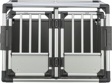 Трійзі Двомісна переносна клітка для собак з алюмінію – переноска для двох собак до 50 кг, 93 × 64 × 83 см, з висувною перегородкою, надійний замок, неслизький килимок – 39345 срібна L 93 x B 83 x H 64 см Двомісна переноска