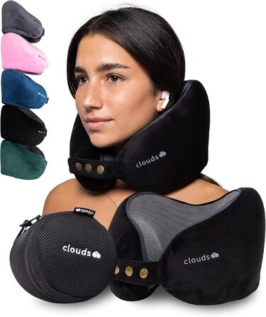 Подушка для шиї CLOUDS для подорожей – Memory Foam, 2 розміри, для дорослих, дихаючий чохол, 5 кольорів (Чорний, S/M)
