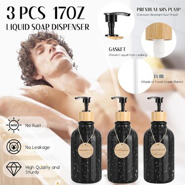 Набір аксесуарів для ванної кімнати, 17 предметів: сміттєвий бак, диспенсер для мила/лосьйону (3 шт.), тримач для зубних щіток, мильниця, попільниця, 6 дерев'яних гачків, аксесуари для ванної з підносом (Чорний, Комплект для ванної + штора + килимок + руш