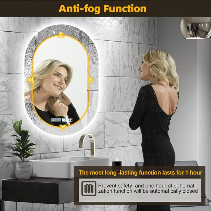 Дзеркало для ванної кімнати Viugreum з підсвічуванням 50x75 см, овальне LED дзеркало з регулюванням яскравості, 3 кольори світла, протитуманне покриття, годинник, сенсорне управління