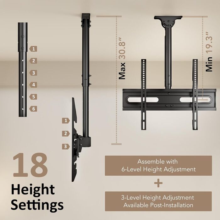 Adjustable TV Ceiling Mount for LED, LCD, OLED, and Plasma TVs - 26-65 Inch, 50kg Capacity, 400x400mm VESA, Black (AX11TB01)