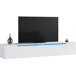 Підвісна тумба для телевізора SONNI, біла, з LED-підсвіткою, 180x35x30 см, глянцева, 12 кольорів, 2 шафки, для вітальні та спальні