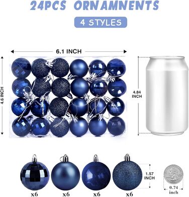 24 штуки новорічних кулі 4 см, пластикові, неб'ючі, для прикраси ялинки, синього кольору