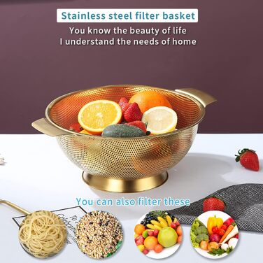 Ситечко Kyraton Gold Colander 5 Quart: професійне нержавіюче сито з покриттям з титану та золота, міцні ручки та основа для самостійного зливу, легко миється, підходить для миття в посудомийній машині