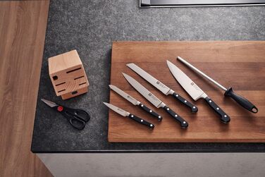 Набір ножів ZWILLING Professional S 8 предметів з дерев'яним блоком, Ніж, Точилка, Ножиці, Нержавіюча сталь, Ручки з нержавіючої сталі з заклепками, Чорний, Зроблено в Німеччині