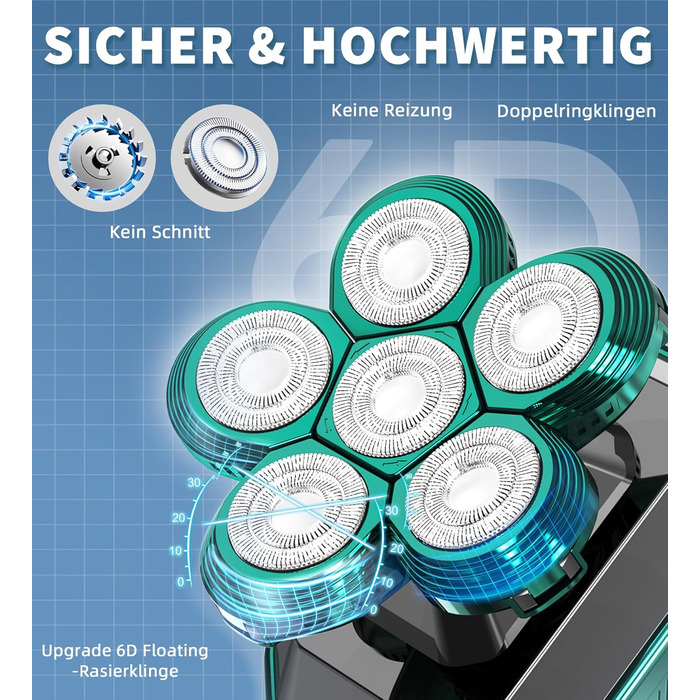 Електричний голкострум для чоловіків Luctry Glatzen Rasierer, 5D голкострум для чоловіків з лисою головою, водонепроникний IPX7, темно-зелений