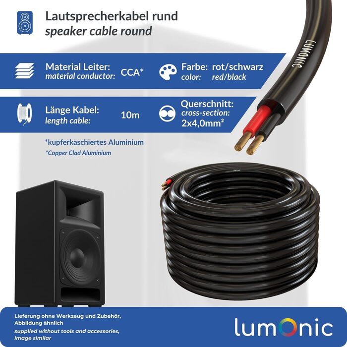 Акустичний кабель Lumonic 25м чорний, 2x CCA, HiFi, 4мм², для професійного звуку та PA систем