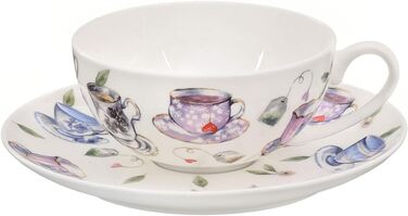 Tea cup set made of fine bone china porcelain. 6 teacups, each 150ml, and 6 saucers with a stylish cup design.