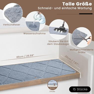 Килимок на сходи, 15 шт., самоклеючий, антиковзкий, для дому, можна різати, багаторазовий, захист від ковзання для дітей, домашніх тварин та літніх людей (55х19 см) (65х20 см, сірий)