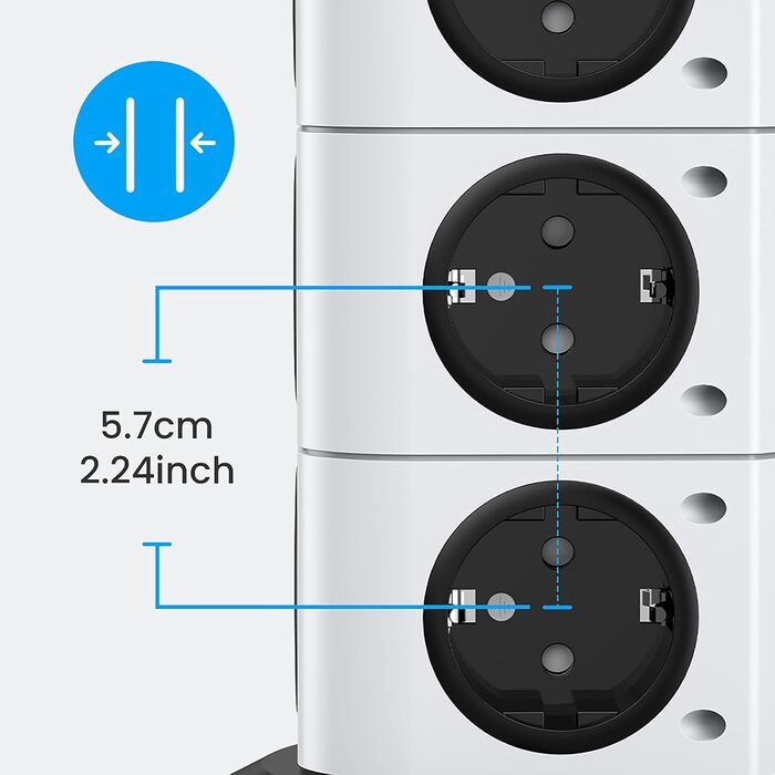Багаторозетка Acodot Tower з USB, 12 розеток, захист від перенапруги, 4 вимикачі, нічник, 3 USB порти, кабель 3м, 2500W, для офісу, білий