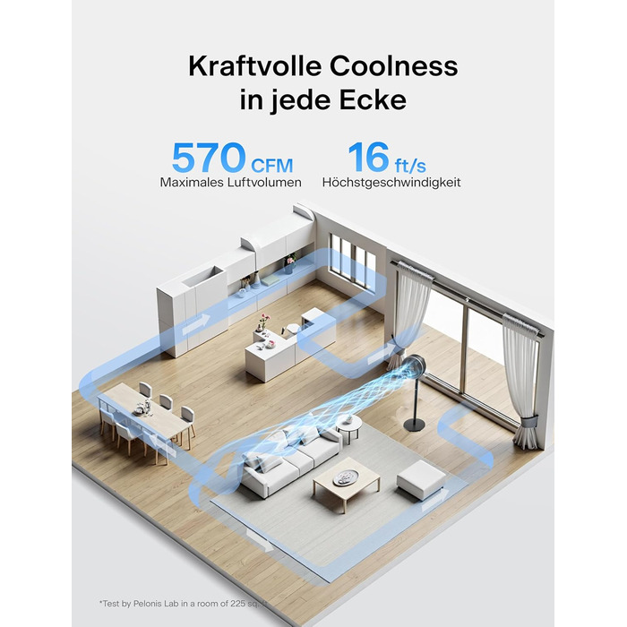 Турбовентилятор PELONIS з пультом керування, дисплеєм, 3D циркуляцією, 36.5dB, 10м повітряний потік, регульована висота 60/111см, 4 швидкості з таймером, знімний захист, поворотний, 92см, чорний