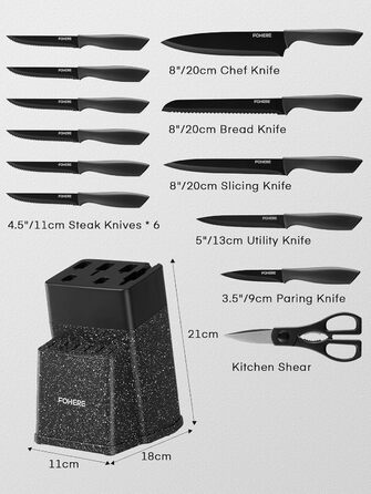 FOHERE 13-Piece Stainless Steel Knife Set with Block & Sharpener - Ergonomic Black Granite Handles