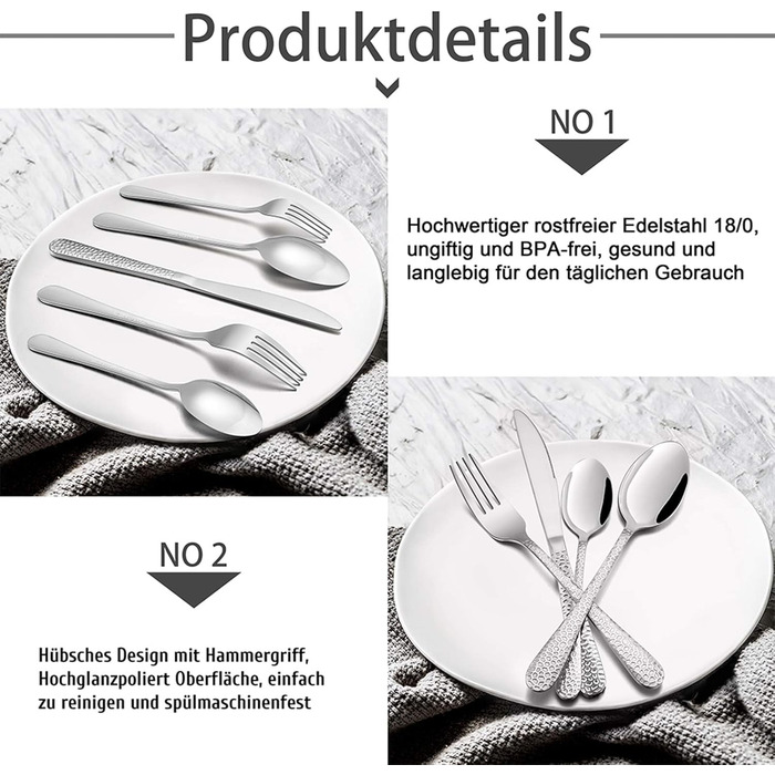 Набір столових приборів TEAMFAR, 60 предметів: нержавіюча сталь, набір столових приборів для 12 осіб, з ручкою 