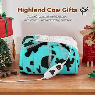 Електрична гріюча ковдра з принтом корів, подвійний розмір, 157 x 213 см, фіолетовий колір, 10 температурних режимів, автоматичне вимкнення через 8 годин, флісова/шерпа ковдра, тепла, подарунок для жінок, розмір 62'x84'