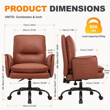 Офісний крісло IWMH з PU шкіри, ергономічний, регульований, з підлокітниками та реклінером 90-135° (колір: коричневий)