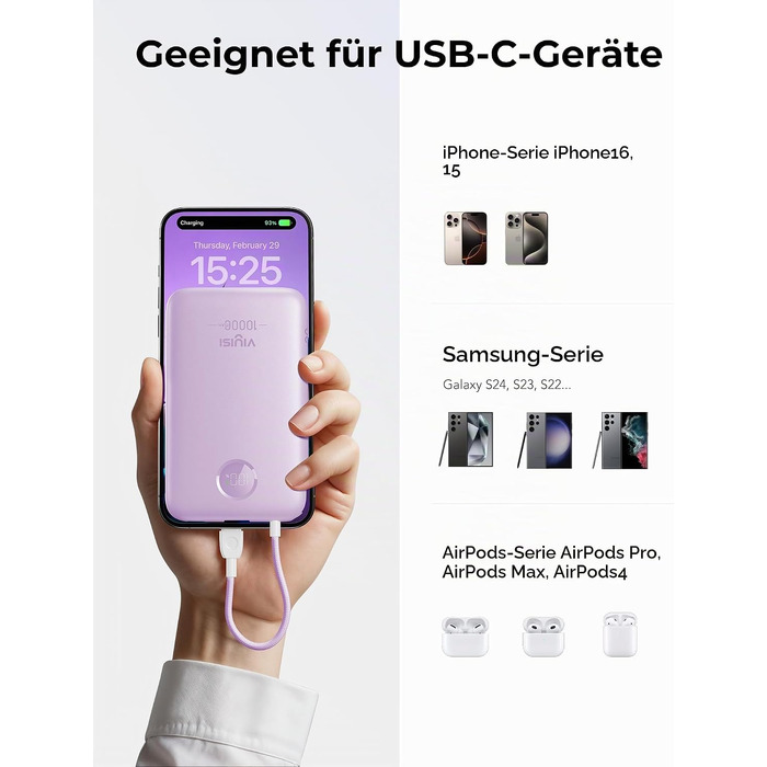 Повербанк VIYISI 10000mAh ультратонкий із вбудованим кабелем USB-C, фіолетовий