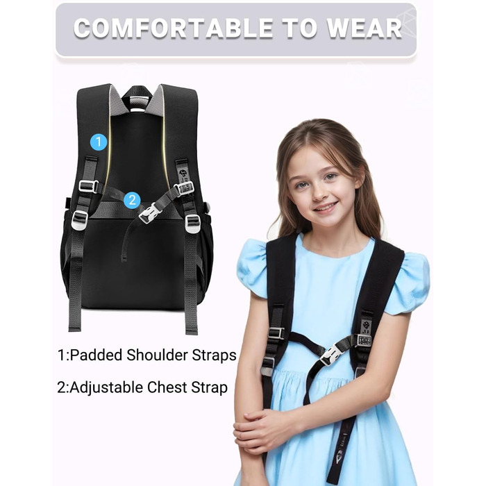 Шкільний рюкзак для дівчаток 2-10 класів, 32L, легкий дитячий рюкзак | Дихаюча спинка | М'які лямки | Брест-стріжка, ранці для школи, рюкзак для підлітків 8+ років (Чорний)