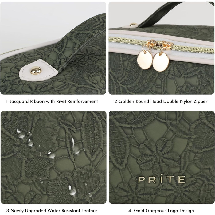 Косметичка для подорожей великого об'єму з прозорими перегородками, зелена квітка, водонепроникна, з PU-шкіри