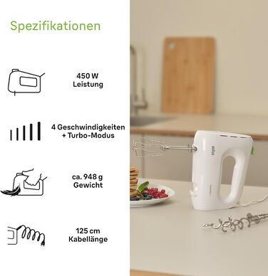 Braun Household MultiMix 1 HM 1110 WH Hand Mixer - Handheld Mixer with 4 speed settings plus Turbo, FastMix Technology, EasyClick, including whisk and dough hooks, one-hand operation, 450W, White White MultiMix 1 - including whisk & dough hooks