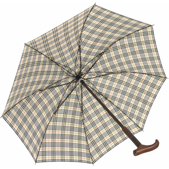 iX-brella Standing Umbrella, Height Adjustable with Wooden Handle - Beige Checkered