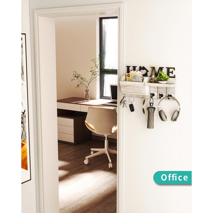 Дерев'яна ключниця HapiRm з декором HOME, 7 гачків, полиця для дрібниць, підходить для прихожої, спальні, офісу (біла)