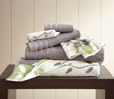 Amrapur Overseas Modern Threads Towel Set, 6-Piece, Dyed, Bio-Leaf Pattern, Jacquard/Solid, Ultra-Soft, 500 g/m², 100% Combed Cotton, Ash Grey