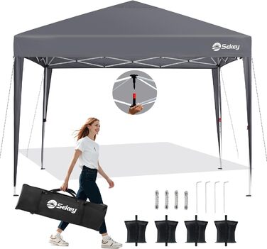 Sekey One-Touch Pop-Up Pavilion 3x3 Waterproof Stable Winter-Proof, Folding Pavilion 3x3m with Thickened Tubes, Party Tent Pavilion Foldable for Camping Festival Party, Grey
