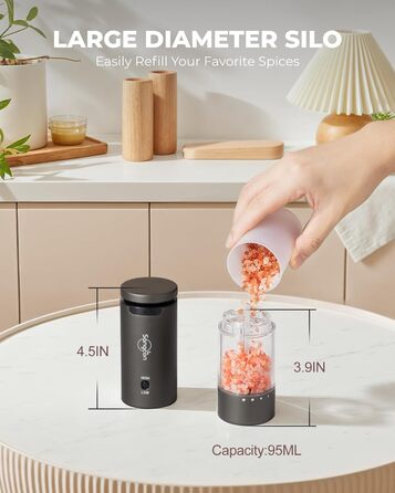 Sangcon Electric Salt and Pepper Grinder, 2 Speed Settings, 6 Grind Settings, Automatic Pepper Grinder with USB Charging Station, One-Handed Grinding (Space Grey)