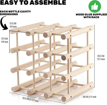 Wooden wine rack for 12 bottles, practical for kitchen or home bar. Modular wine bottle rack, natural beechwood.
