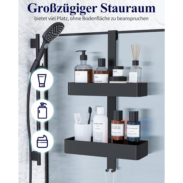 Дзеркальна поличка для душу Kitsure без свердління - 2 яруси, нержавіюча сталь, чорна