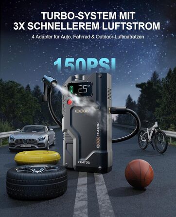 Powerbank для автомобіля Starthilfe з компресором 150PSI, 6000A, 12V, для бензинових та дизельних авто (до 10л), QC3.0, LCD, ліхтарик