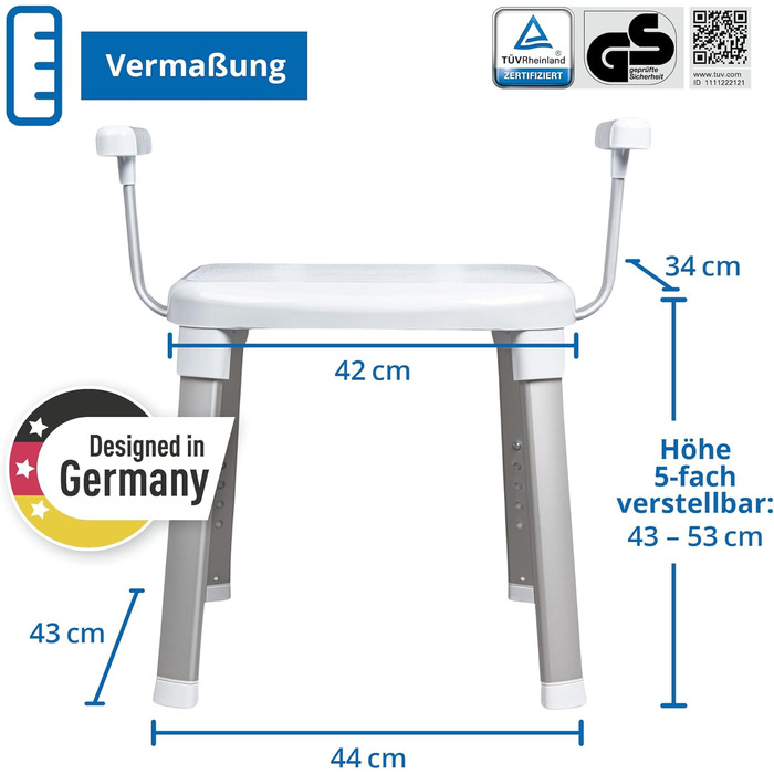 Weinberger Bath Stool Shower Seat with Backrest | Anti-Slip | Supports up to 150 kg | Modern Bathroom Aid for Seniors | Height Adjustable | Model 43906 | White (Bath Stool with Armrests)