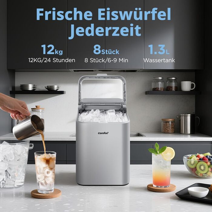 Машина для льоду COMFEE' RCI12BL1EU(E) – швидке приготування, 12 кг/добу, самоочищення, сірий колір