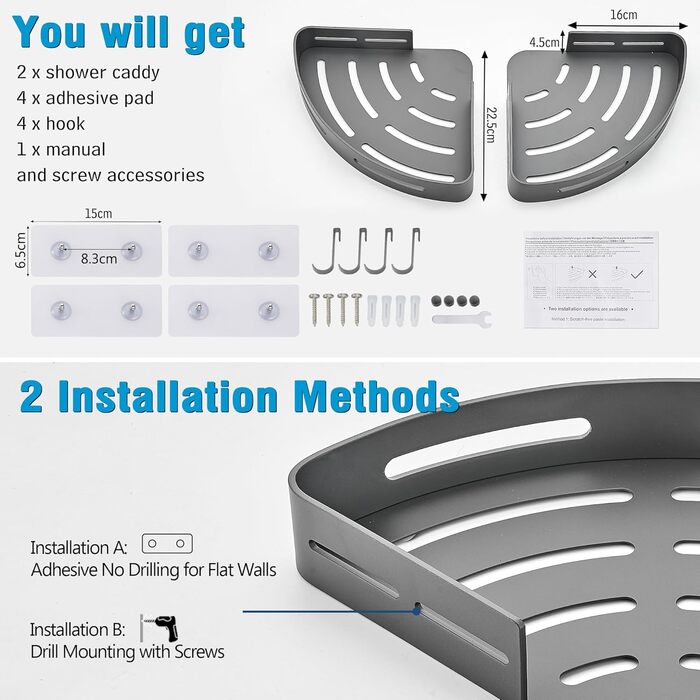 GERUIKE Shower Shelf Shower Caddy Corner No Drilling Shower Basket Wall Mount Adhesive Pad Gray Matte Aluminum 2 Pack Shower Gel Shampoo Holder Corner Shelf Corner Rack for Shower Bathroom Kitchen