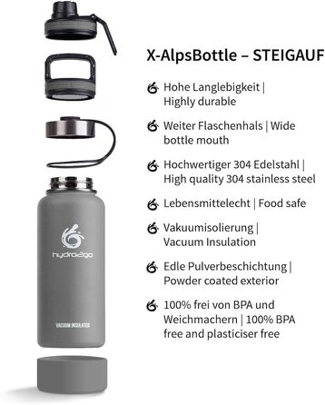 Термофляга Hydro2Go Edelstahl X-AlpsBottle 1000 мл, сіра, з 3 кришками, вакуумна ізоляція