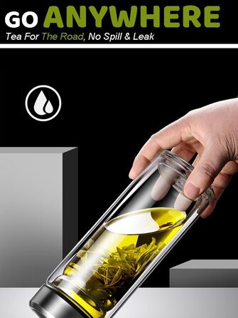 Double-walled glass tea bottle 1 liter with 2-in-1 stainless steel strainer to go, 1000ml large volume, tea bottle 100% leak-proof 1 l (500ml (Anytime))