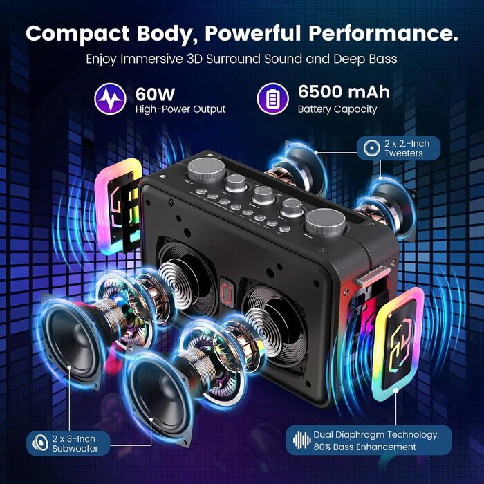 Караоке-система HWWR MS81 з 2 мікрофонами Bluetooth 5.3, підтримка USB/TF-карти/AUX, функція запису, для дому та вечірок, чорний колір