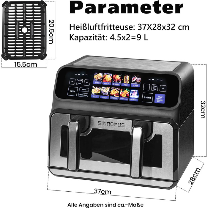 Аерофритюрниця з двома камерами 9L 2000W, мультипіч з холодними ручками, чорна (802t)
