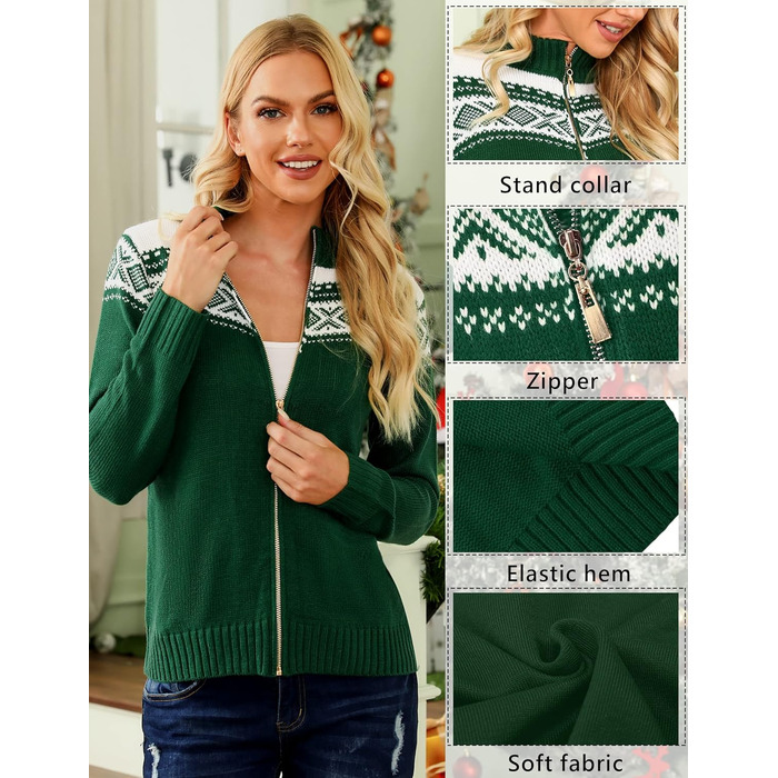 Жіночий святковий кардиган Sykooria з блискавкою та стоячим коміром. Теплий в'язаний светр з довгими рукавами для святкування Різдва. Розмір XL, колір Зелений B