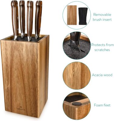 Navaris Acacia Wood Knife Block with Brush Insert - Unloaded Knife Block made of Wood - Universal for Kitchen Knives, Chef's Knives, and Kitchen Utensils