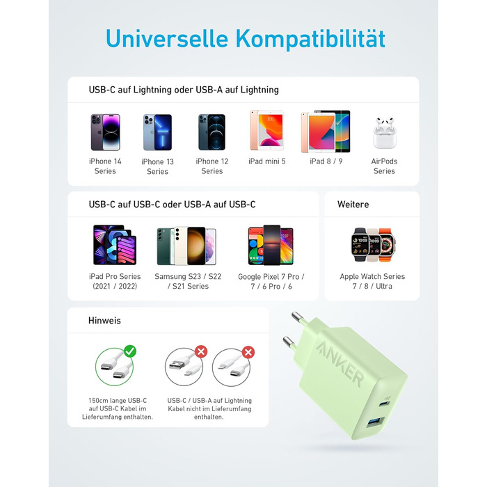 Зарядний пристрій Anker 20W USB-C, адаптер живлення для iPad, швидка зарядка, сумісний з iPhone 17/16/15, кабель USB-C (150 см), зелений