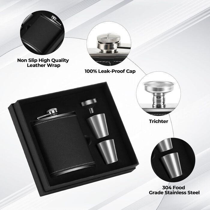Фляга Vasmeiy з нержавіючої сталі, 227мл, чорна, полірована, для алкоголю, компактний набір для стильного відпочинку