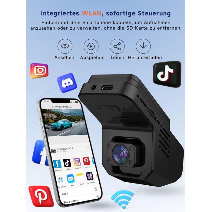 Відеореєстратор Veement Dashcam Auto: 2.5K+1080p, міні камера, нічне бачення, G-сенсор, паркувальний режим, 32GB карта, чорний