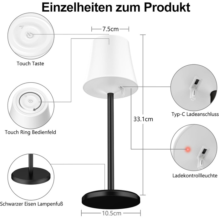 Бездротова LED лампа Suright для столу з регулюванням яскравості, 3 кольори + RGB, сенсорне керування, водонепроникність IP54, для ресторану, спальні, вечірки, кемпінгу, кав'ярні